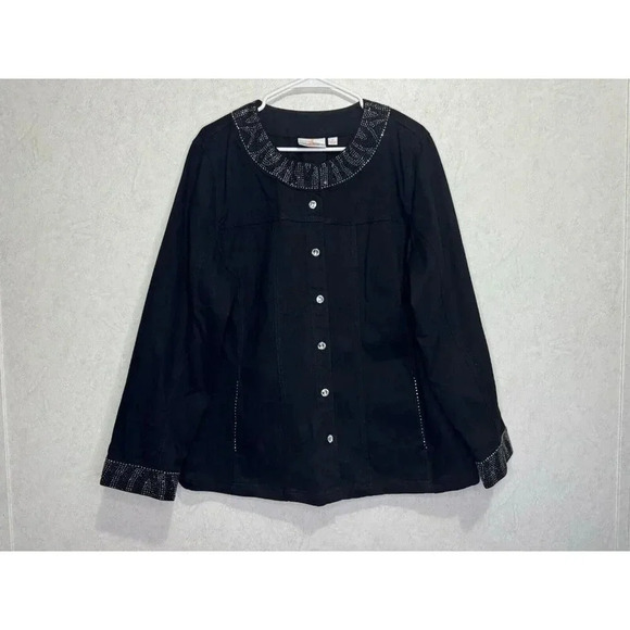 QUACKER FACTORY Black Jacket Rhinestones Button Front SZ 1X Goth Grunge Casual - Picture 1 of 9